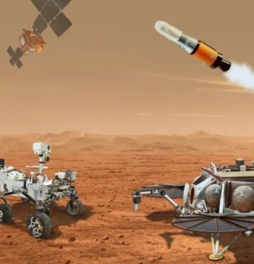 Rendering wahana penjelajah dan drone helikopter di planet Mars