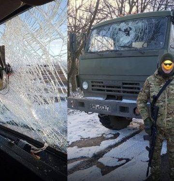 Drone FPV Ukraina tersangkut di kaca truk militer Rusia