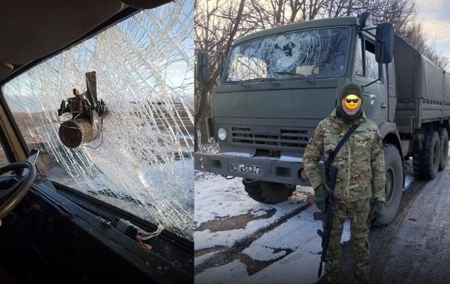 Drone FPV Ukraina tersangkut di kaca truk militer Rusia