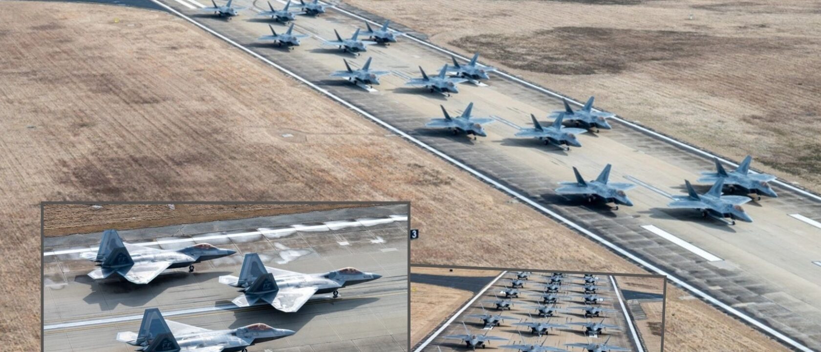 F-22 USAF melakukan aksi Elephant Walk di Langley AFB