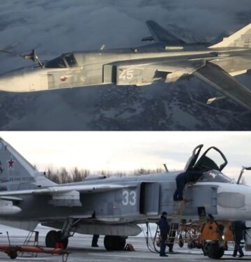 Su-24 Rusia melakukan latihan pengisian bahan bakar di udara di wilayah kutub utara pada malam hari