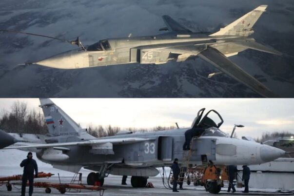 Su-24 Rusia melakukan latihan pengisian bahan bakar di udara di wilayah kutub utara pada malam hari