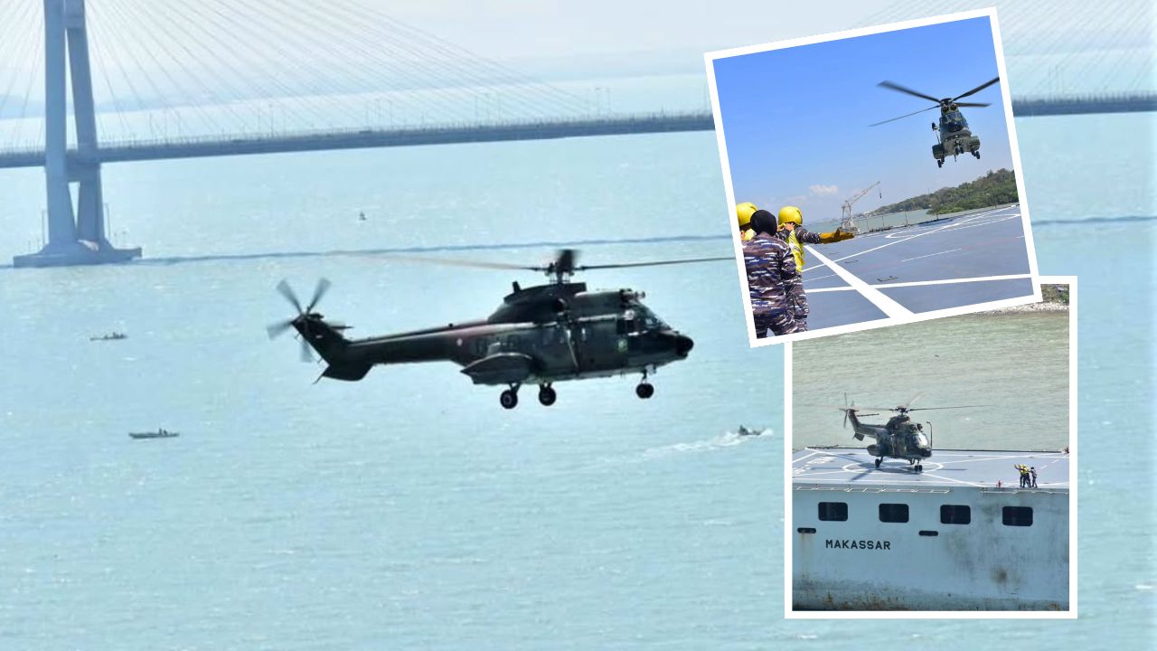 Heli Super Puma TNI AU mendarat di KRI Makassar TNI AL