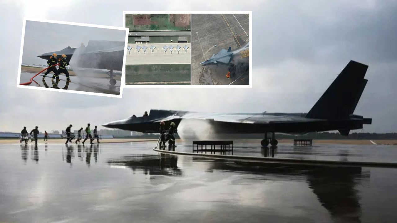 PLAAF melakukan latihan pemadaman api pada mock-up jet tempur siluman